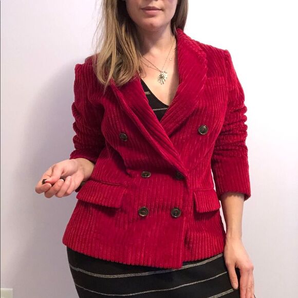 VINTAGE red double breasted corduroy blazer jacket Sz 46 M wide ribbed Preppy - Picture 1 of 14